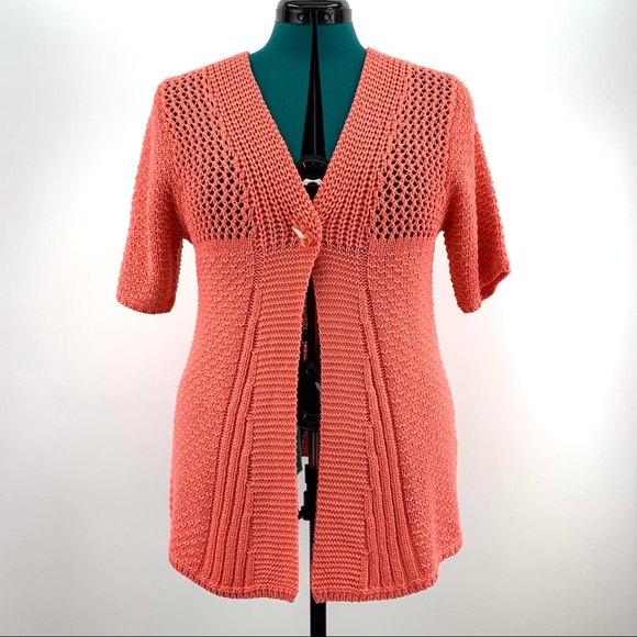 Today's Designer Salmon Pink Single Button Short Sleeve Knit Cardigan, Medium - Picture 3 of 16
